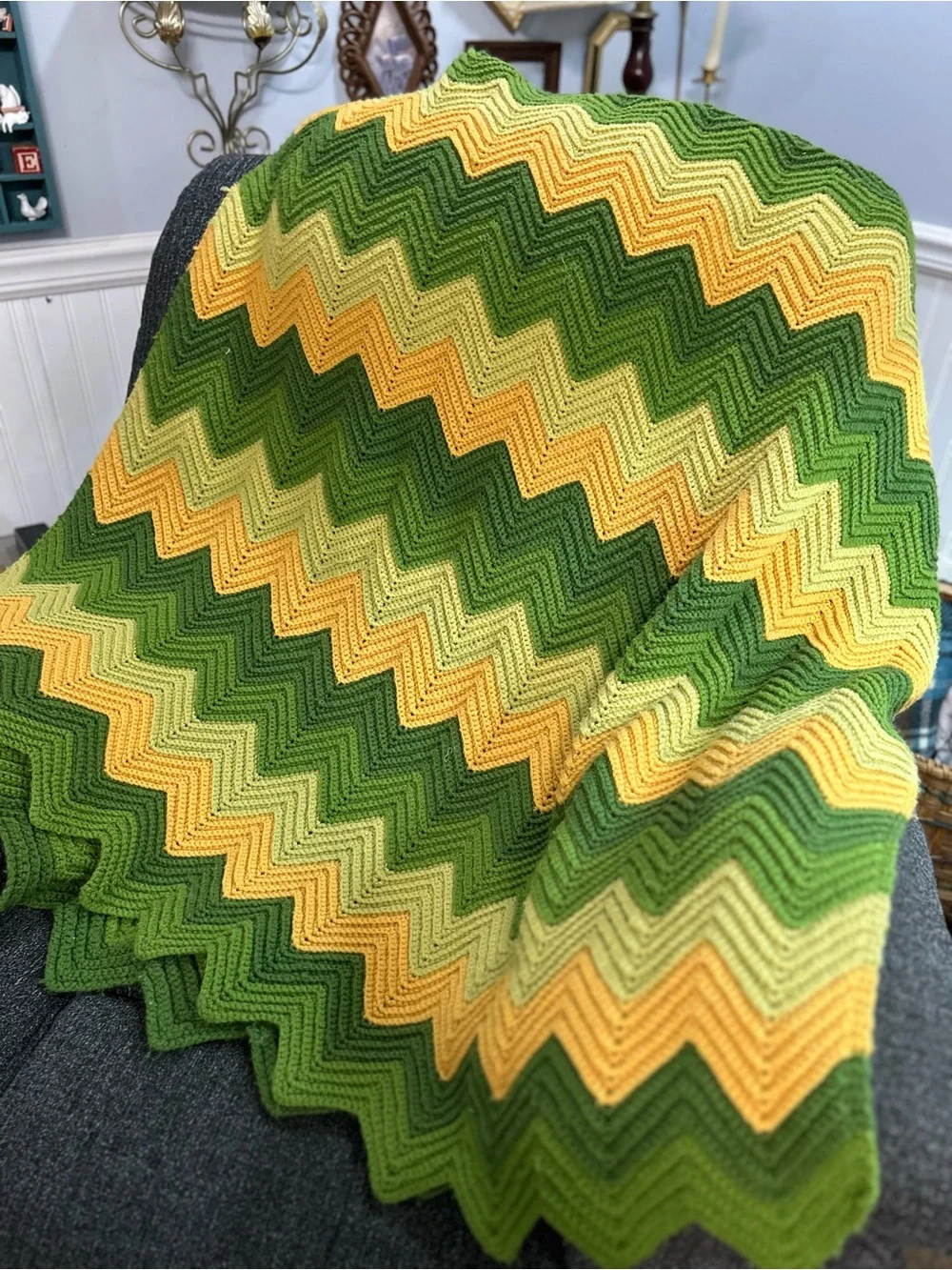 Handmade Crochet Chevron Afghan Blanket Green Yellow 49x88 Retro